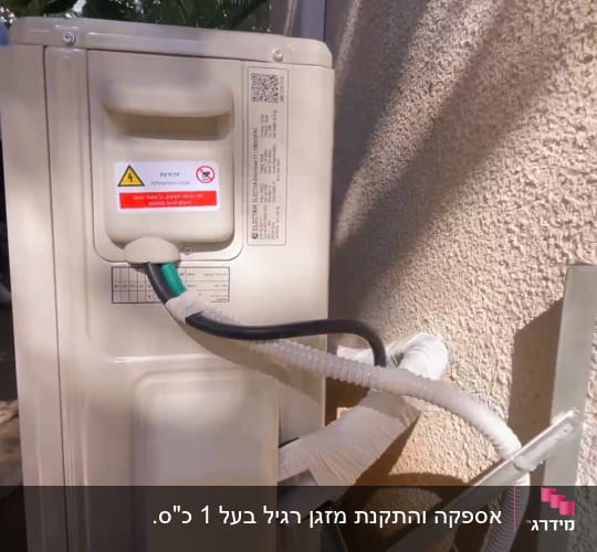 יחידת מזגן חיצונית מותקנת על קיר עם צינורות חשמל